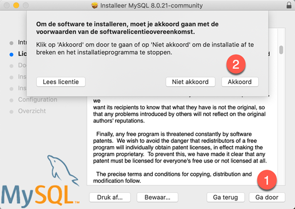 macOS MySQL Community Server Installatie dialoogvenster Licentie